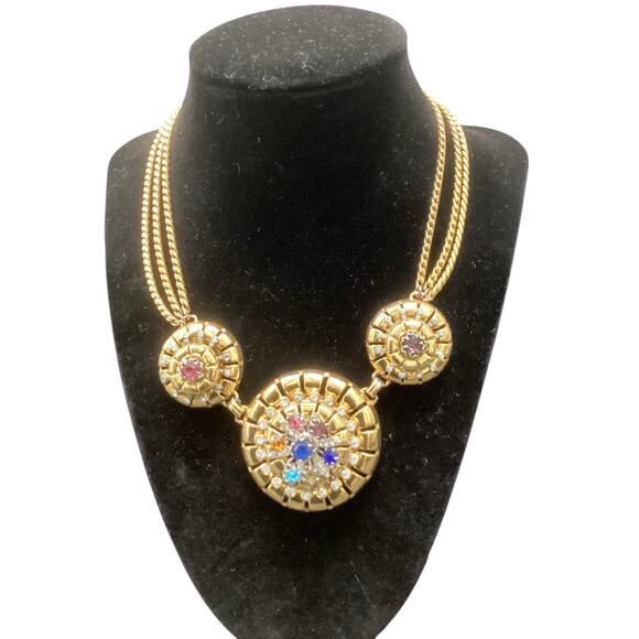 Beautiful Vintage Gold Tone 3 Chain Necklace Colorful Rhinestones Ornate Closure - Picture 1 of 6